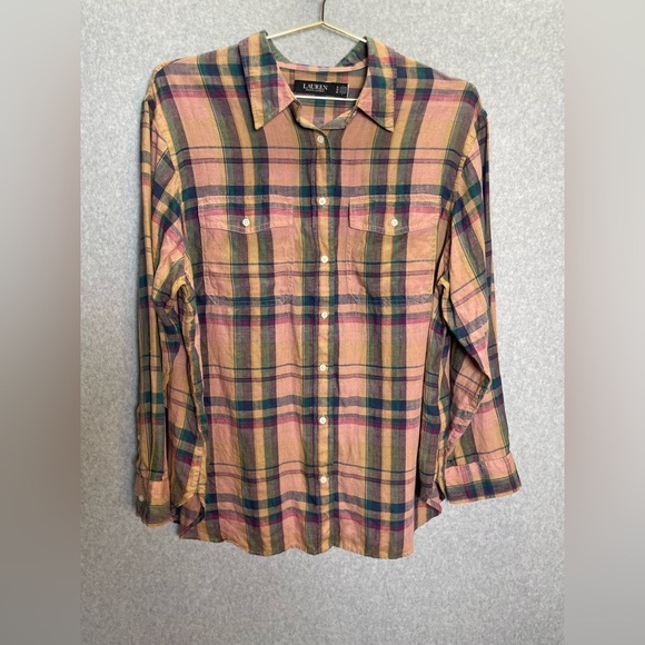 LRL 100% Linen Plaid Cottagecore Lightweight Button Down Top - Picture 1 of 4